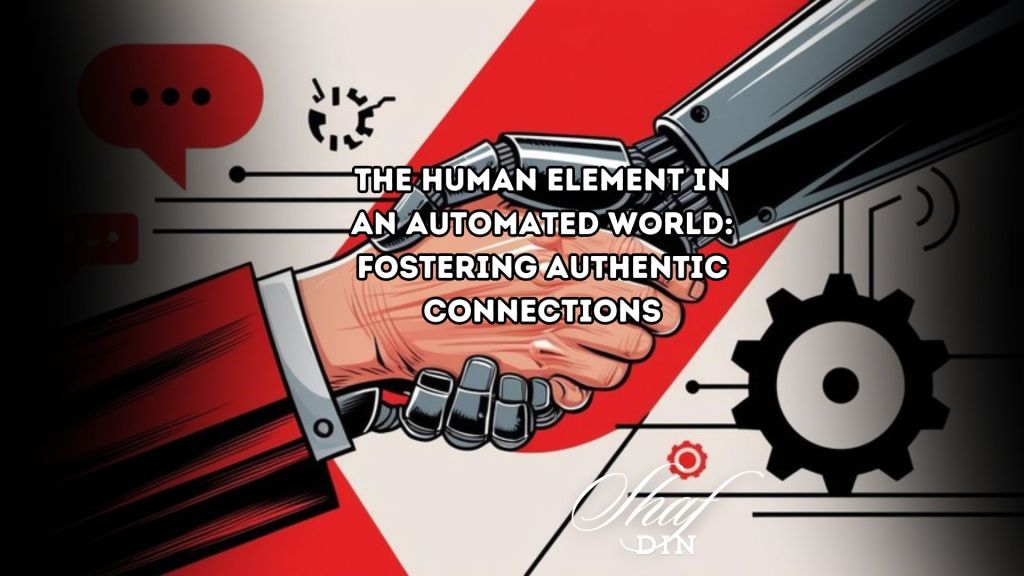 Illustration of a human hand shaking a robotic hand, symbolising authentic connection in an automated world, with red and black digital design elements