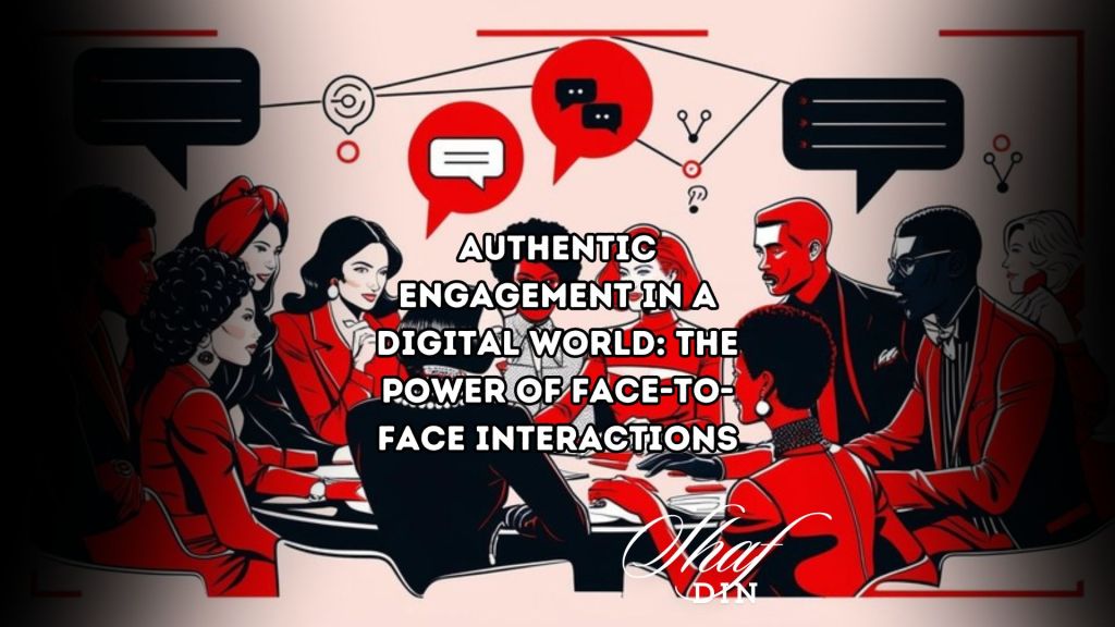 Illustration of diverse people engaged in a lively discussion around a table, with speech bubbles and connection icons above, symbolising direct engagement and collaboration in building a strong brand; styled in bold red and black with a modern, clean, and futuristic design.
