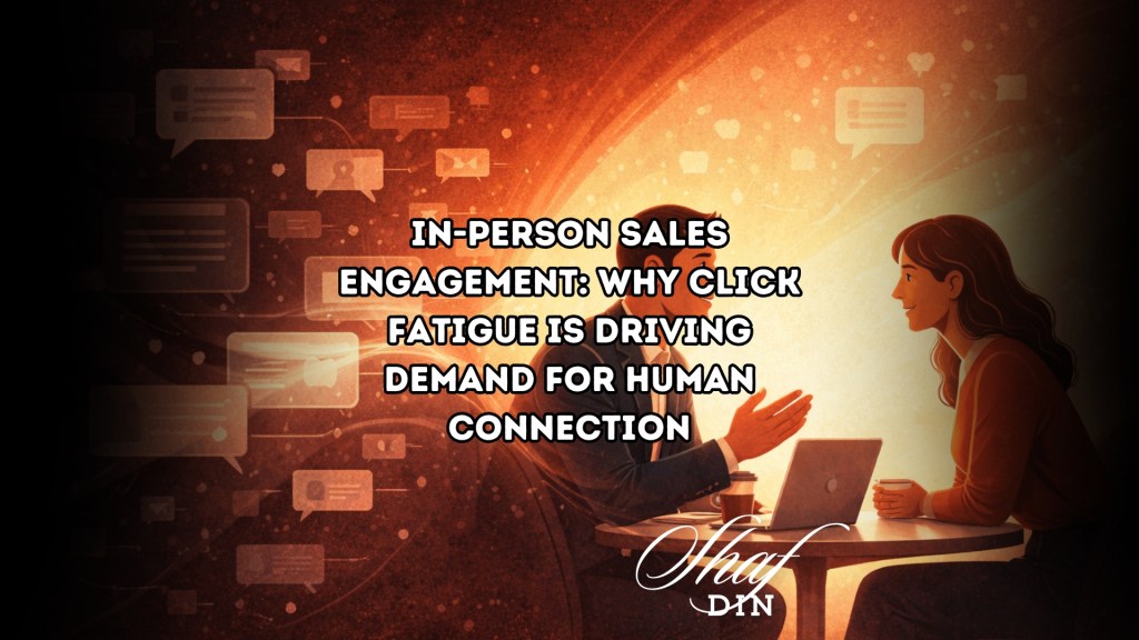 Vector illustration showing people engaged in a face-to-face sales conversation, symbolising the demand for in-person sales engagement amid digital click fatigue.