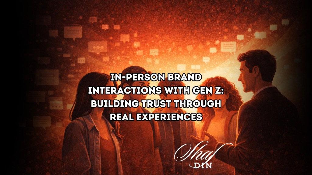 Vector illustration showing Gen Z consumers engaging with a brand in a face-to-face experience, symbolising authentic in-person brand interaction and trust-building.